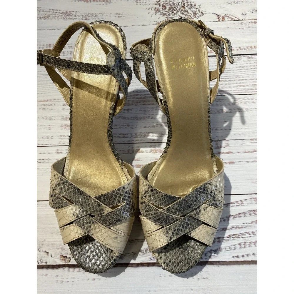Stuart Weitzman Woman Shoe Snakeskin Strappy Peep Toe 5